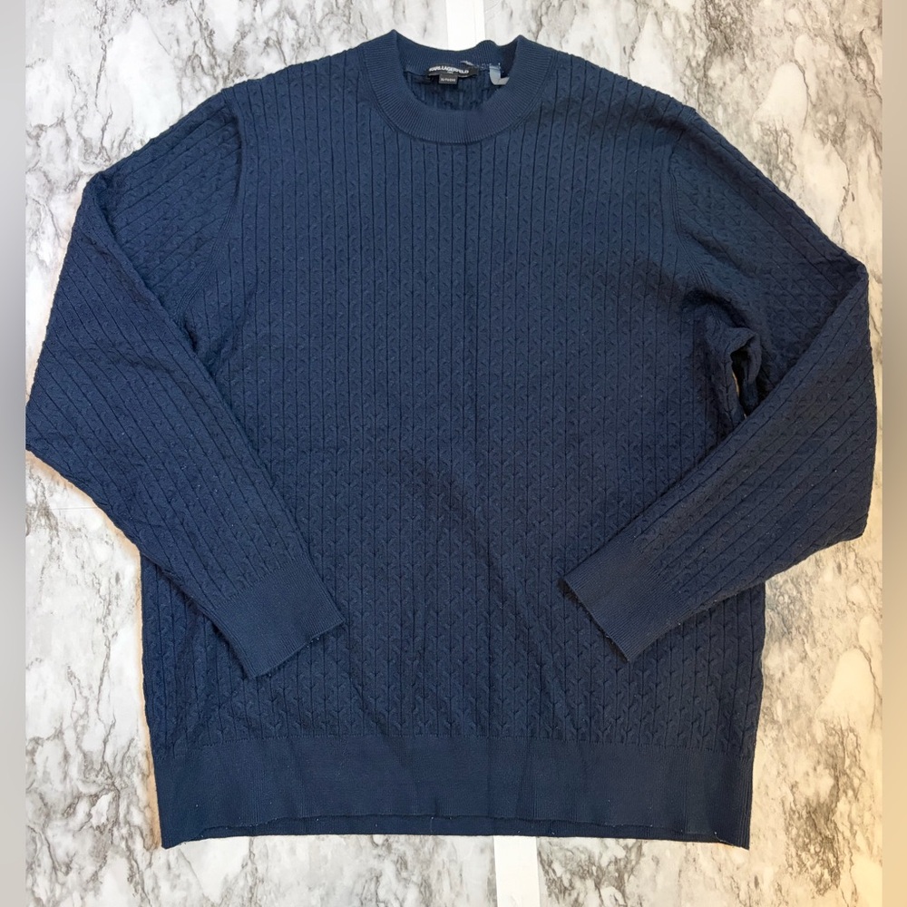 Karl Lagerfeld Men's Cable Knit Crewneck Sweater - Navy Blue size XL